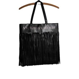 Victoria's Secret Black Faux Leather Fringe Tote Bag Gold Logo Boho L Festival